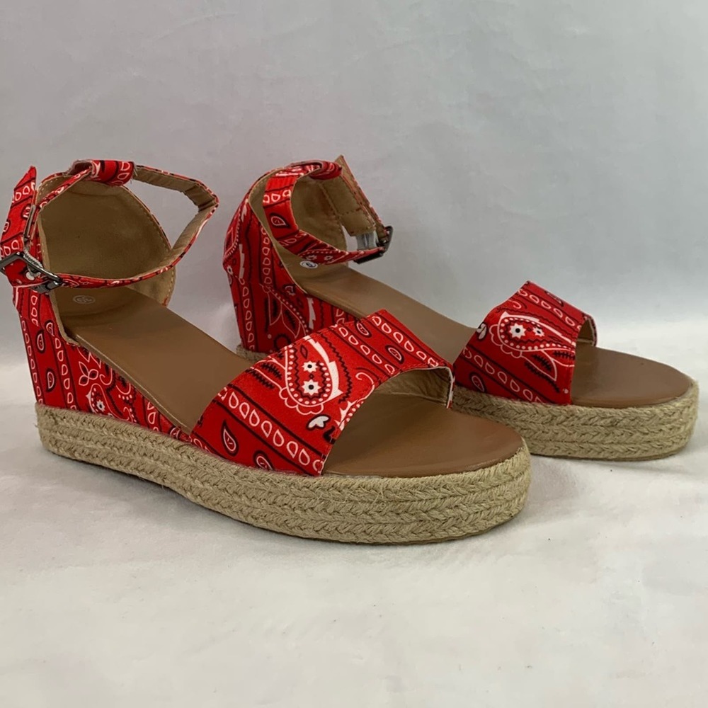 Handkerchief Pattern Platform Wedge Sandals Red Buckle Ankle Strap Size‎ 8 / 39